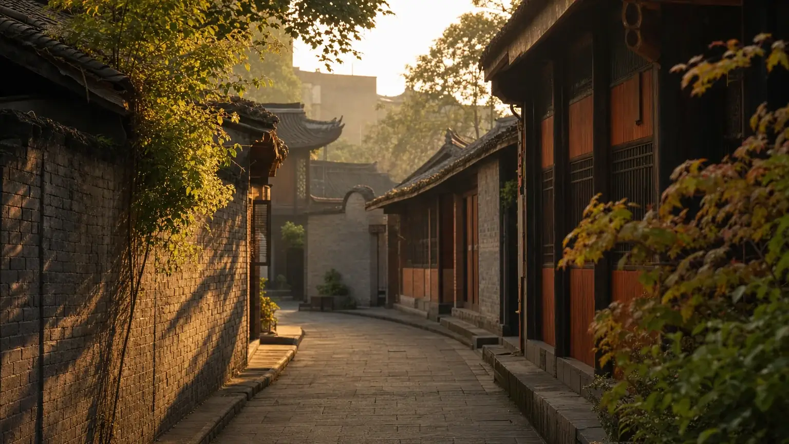 A traditional grey-brick lane in old Chengdu at golden hour