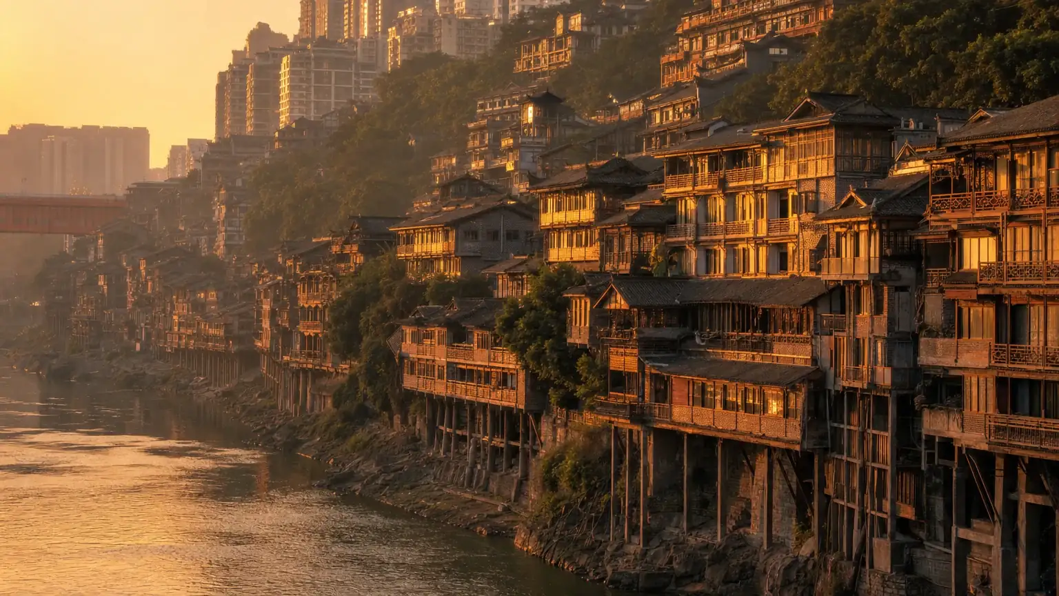 The stilted riverside buildings of Chongqing on the hillside at golden hour