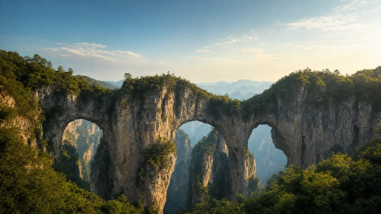 The Wulong karst natural stone bridges over the canyon at golden hour
