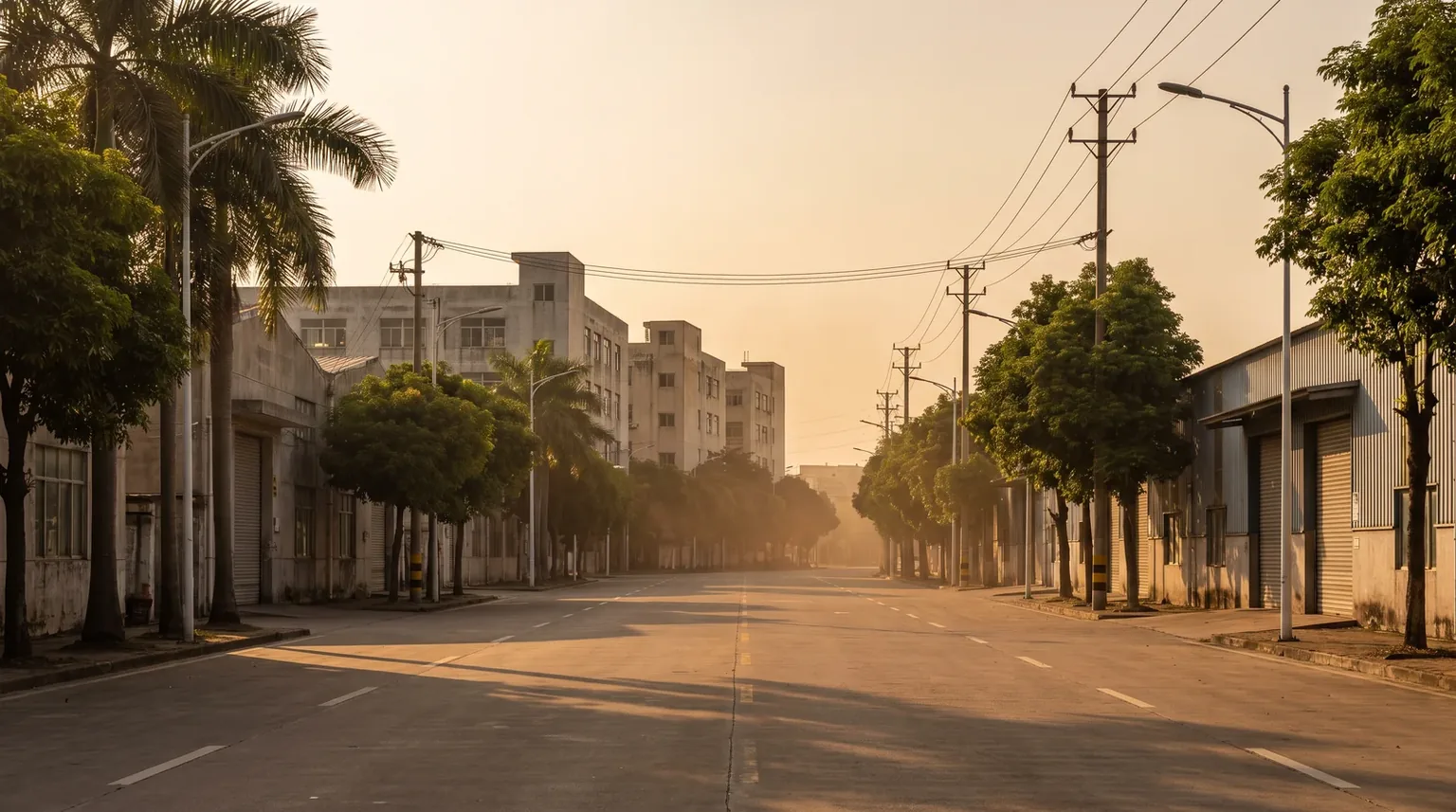 A wide industrial avenue of factory blocks and workshop frontages in Dongguan at golden hour