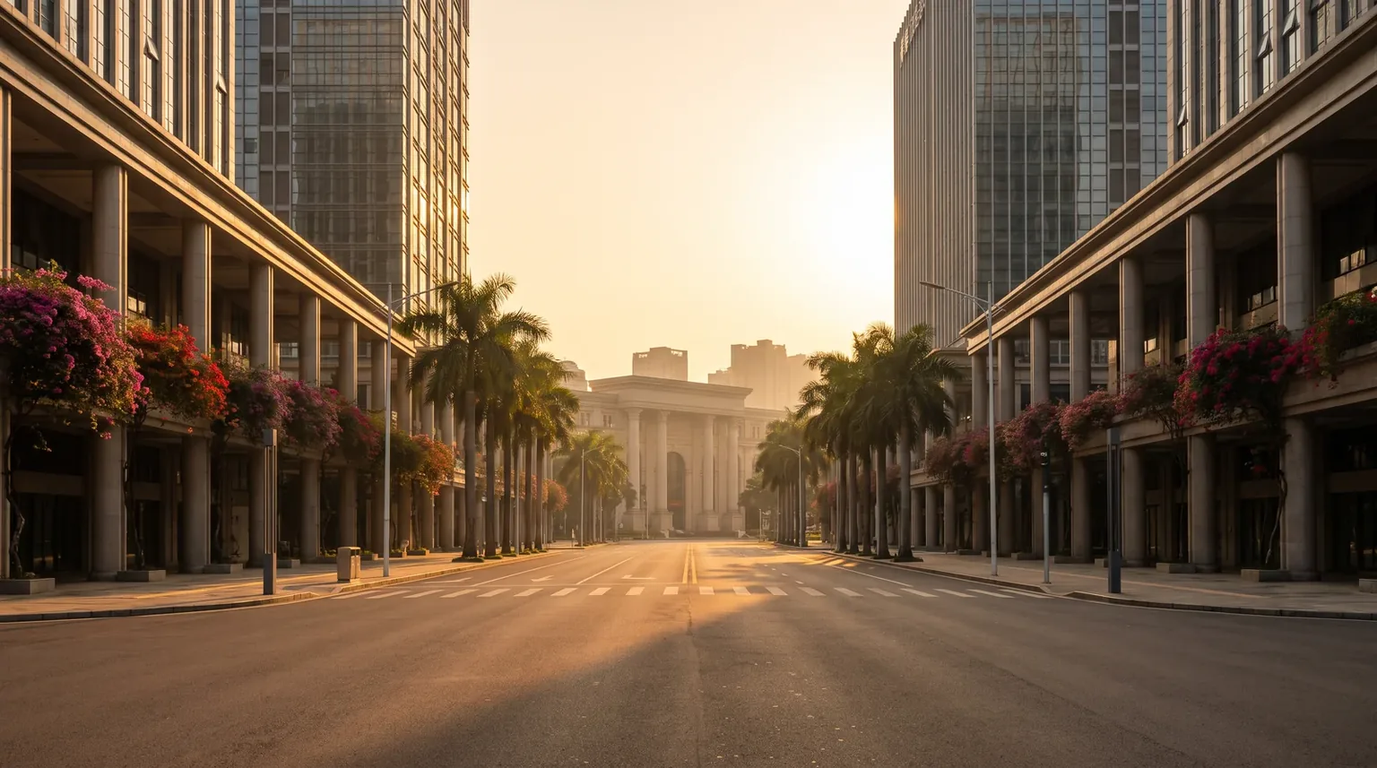 A wide palm-lined avenue in Foshan at golden hour, flowering baskets hung along the arcades