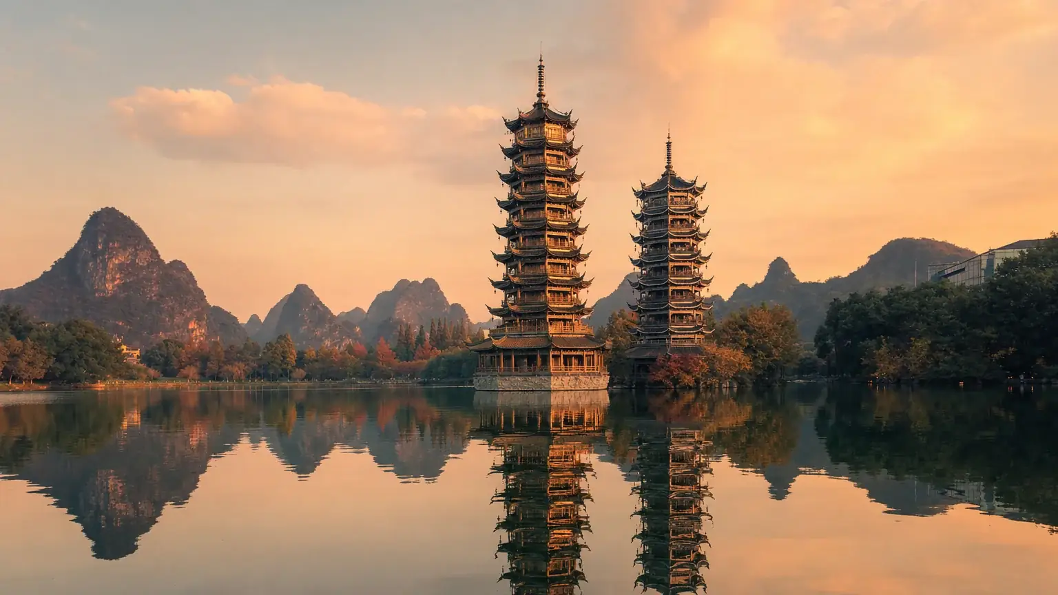 The Sun and Moon Pagodas reflected on Shan Lake in Guilin at golden hour