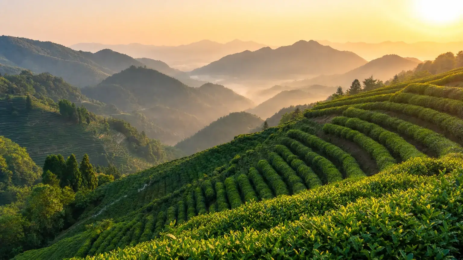 Longjing green tea terraces on the hills at golden hour