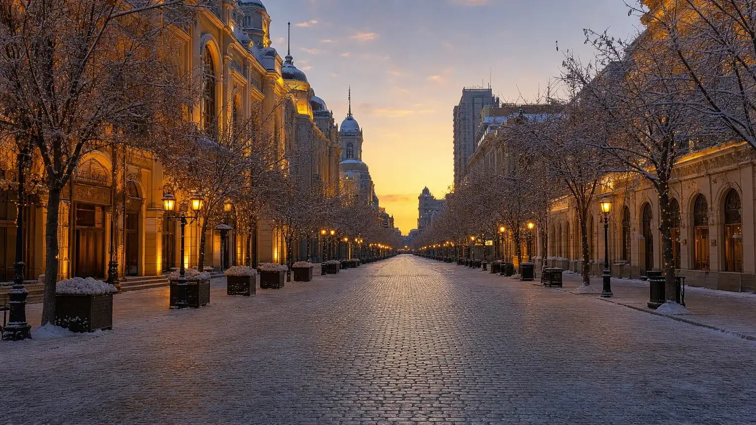 Snow-covered Zhongyang Street in Harbin at dusk