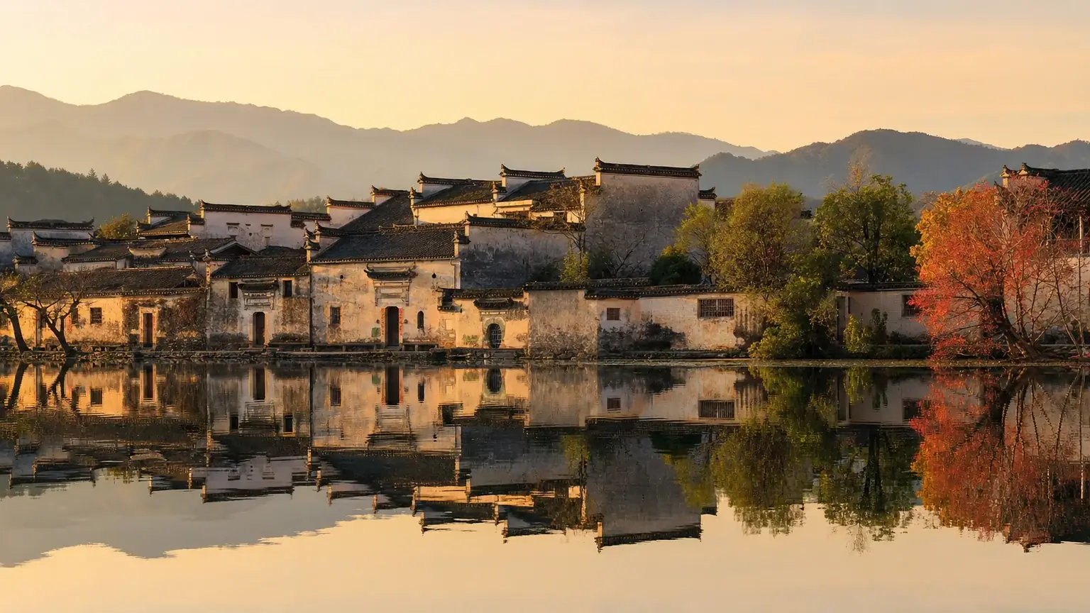 The Huizhou village of Hongcun reflected in its pond at golden hour