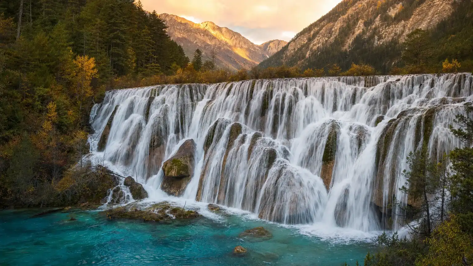 The multi-tier Nuorilang waterfall in an alpine valley at golden hour