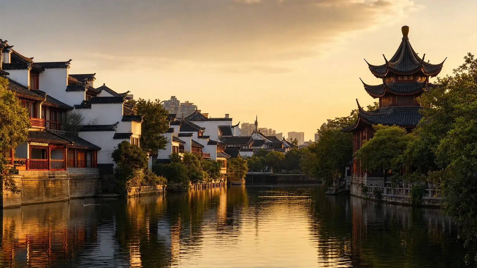The Qinhuai River and traditional buildings by the Confucius Temple in Nanjing at golden hour