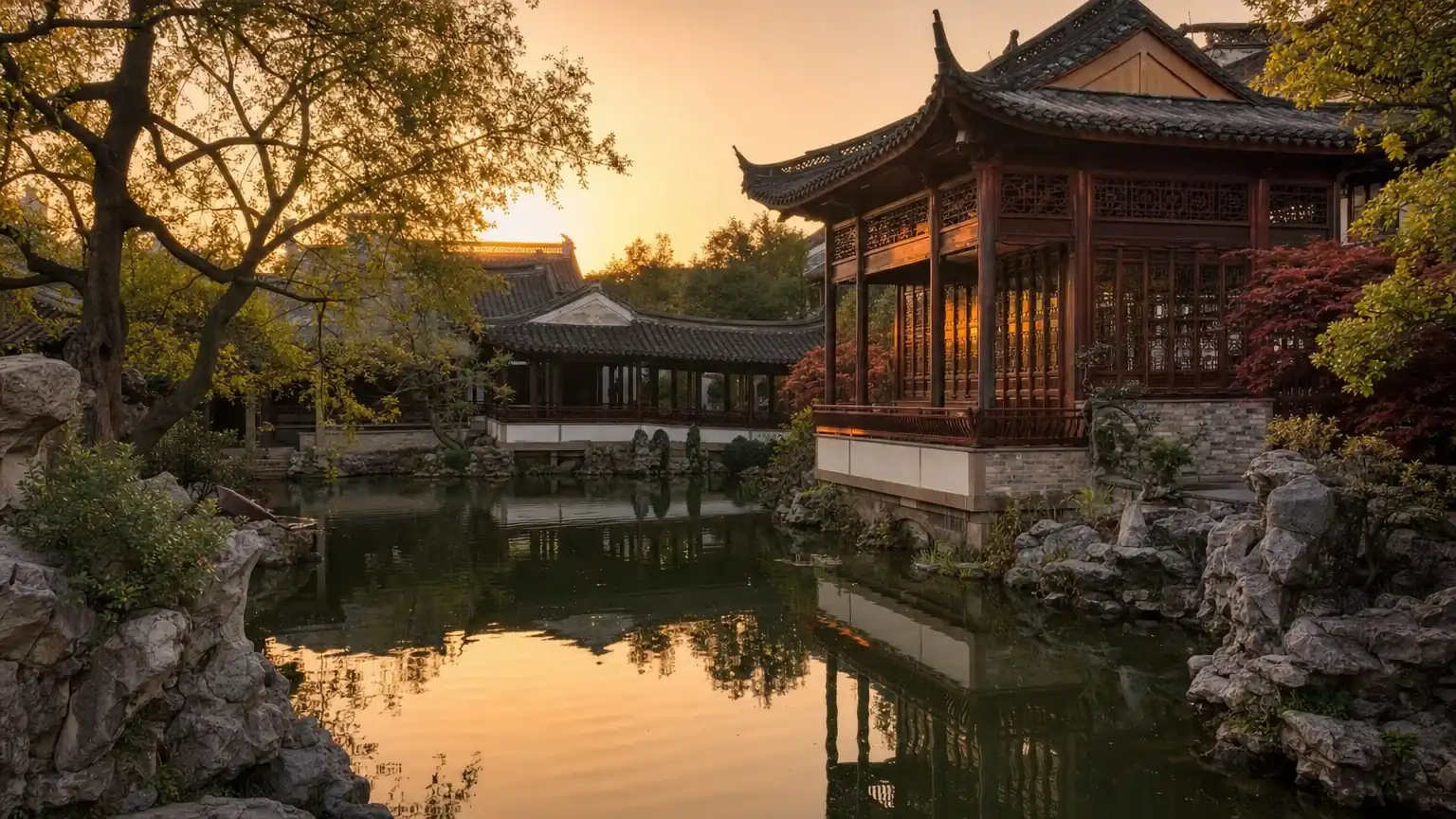 The classical Tianyi Pavilion garden in Ningbo at golden hour
