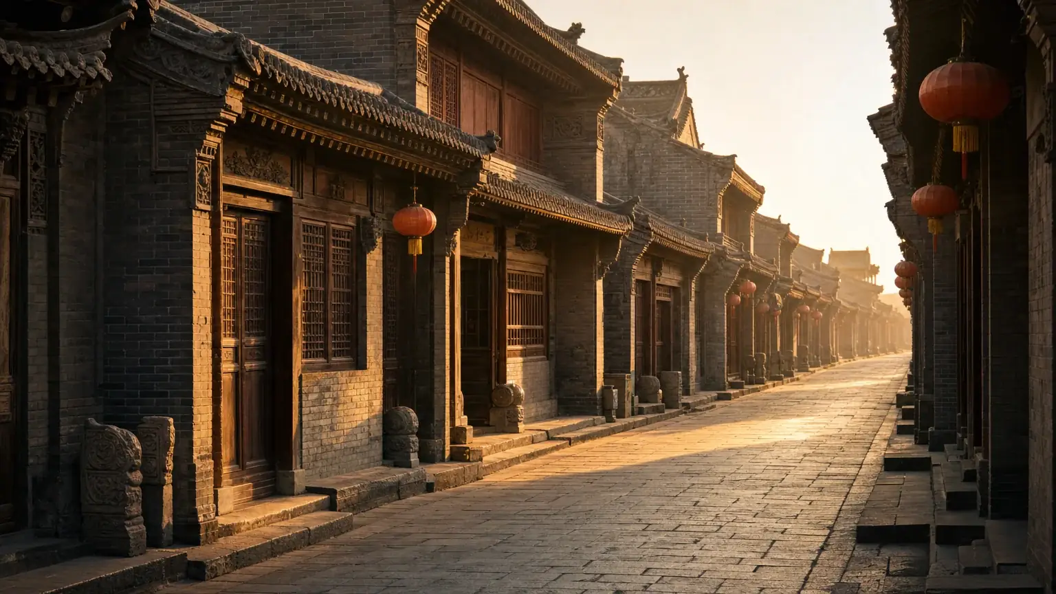 A grey-brick street inside Pingyao ancient town at golden hour