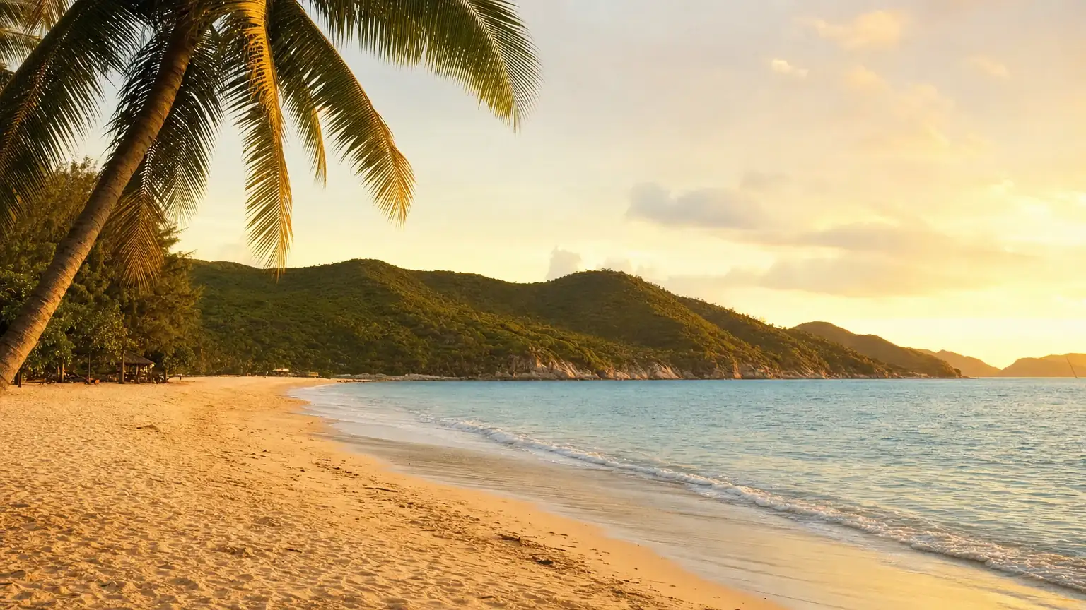 A palm-fringed tropical beach at Sanya at golden hour
