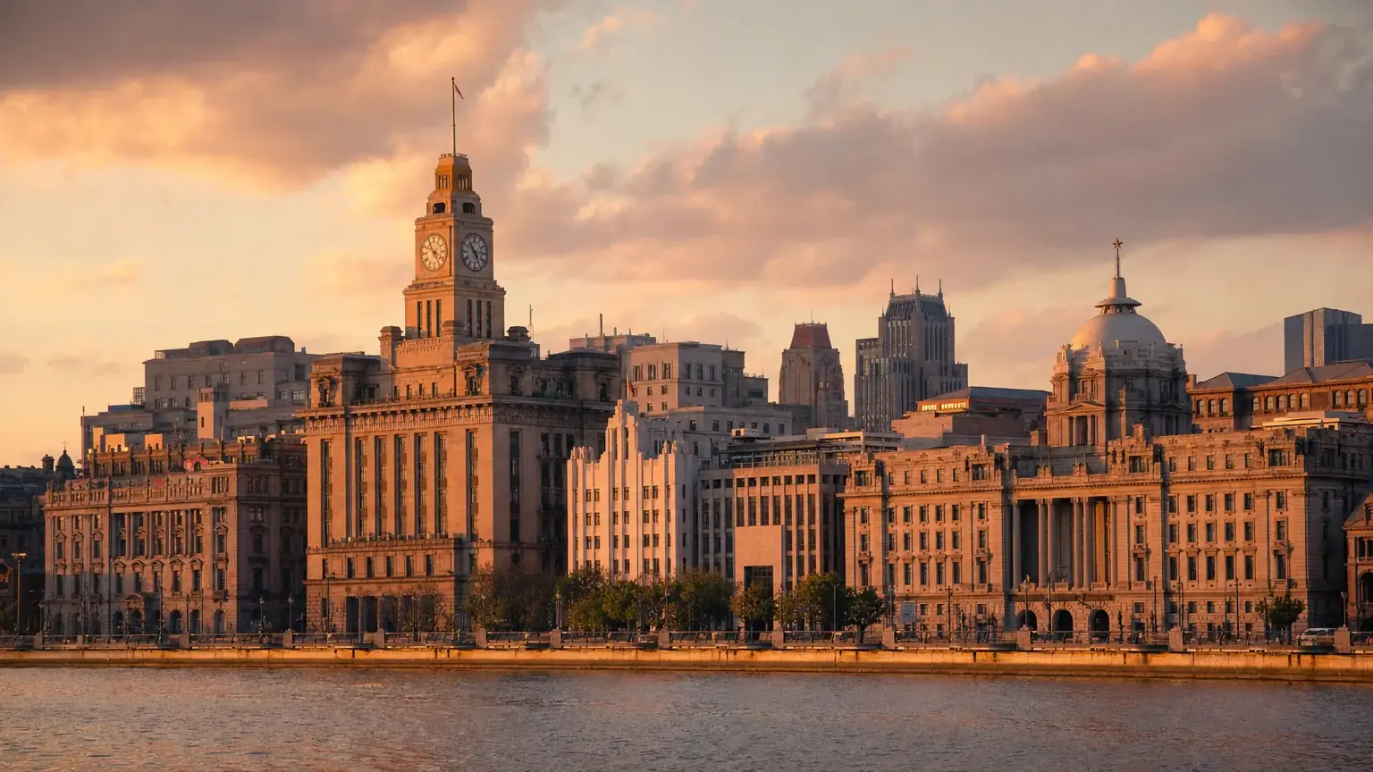 The historic Bund waterfront architecture in Shanghai at golden hour