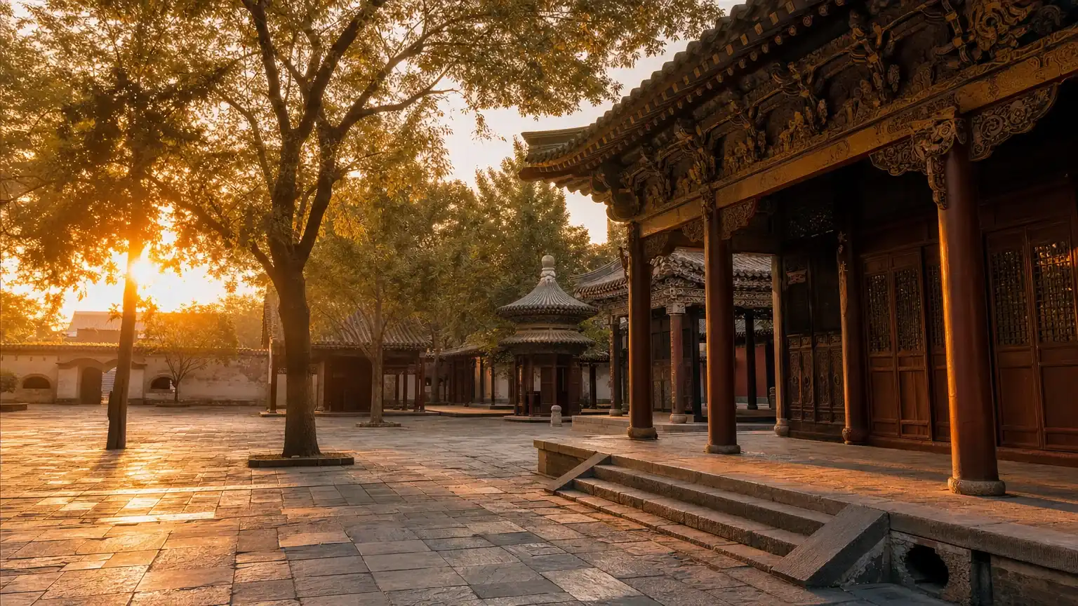 The courtyard pavilions of the Great Mosque of Xi'an at golden hour