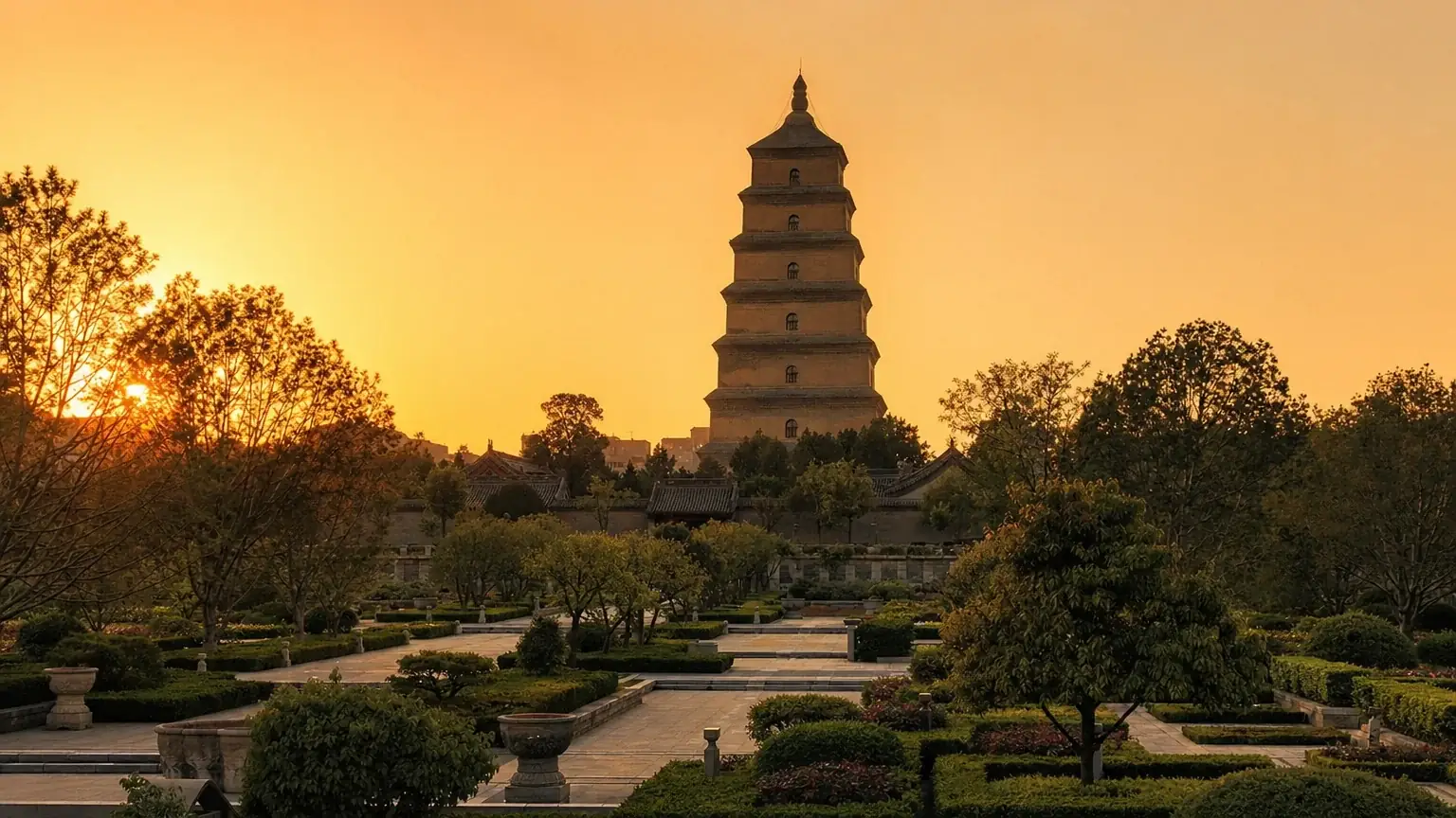 The Big Wild Goose Pagoda among Tang-dynasty gardens at golden hour