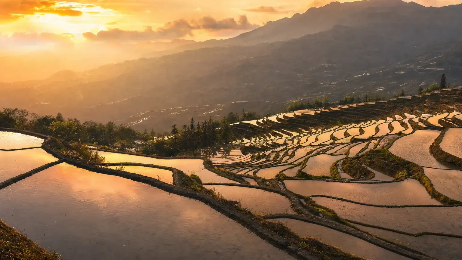 The Yuanyang rice terraces of Yunnan at golden hour