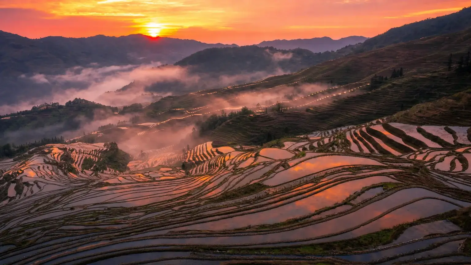 Yuanyang rice terraces at sunrise with morning mist in the valleys